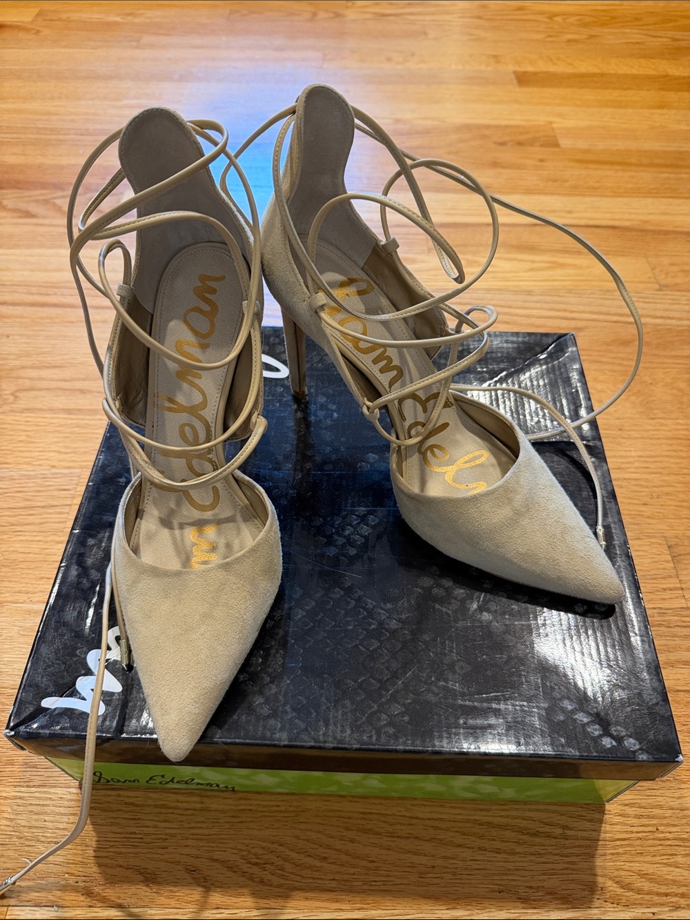 Sam Edelman Dayna Lace-Up Pointed Toe Heels in Taupe Suede